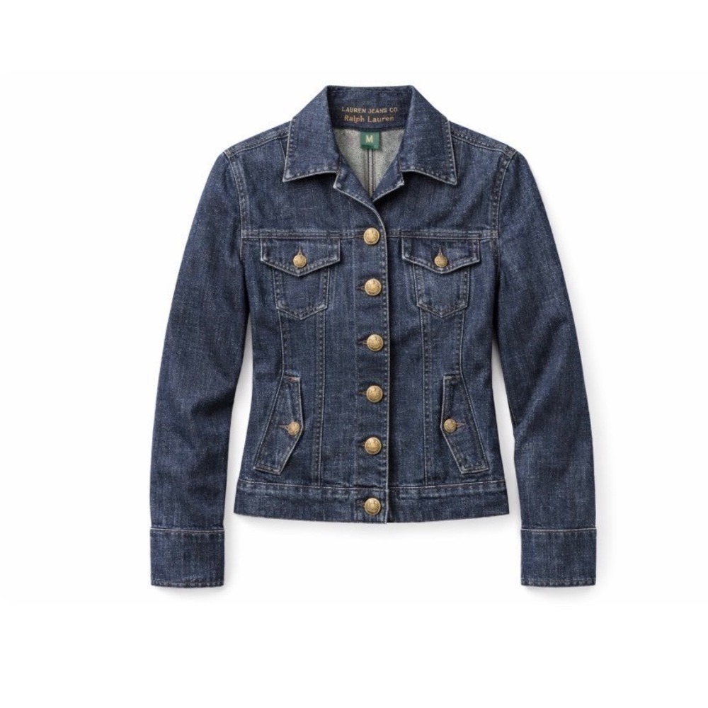 Lauren Ralph Lauren Denim Jacket Dark Wash Gold Crested Button Military Womens M - Picture 2 of 10